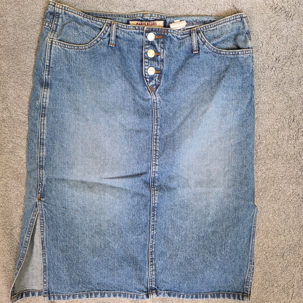 Paris Blues Originals Denim Midi Skirt Button Fly Side Slit Blue Wash Womens 13